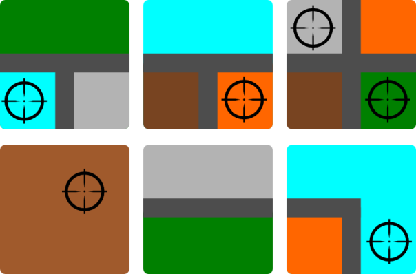 Some sample tiles. The lines that separate the colors represent roads.